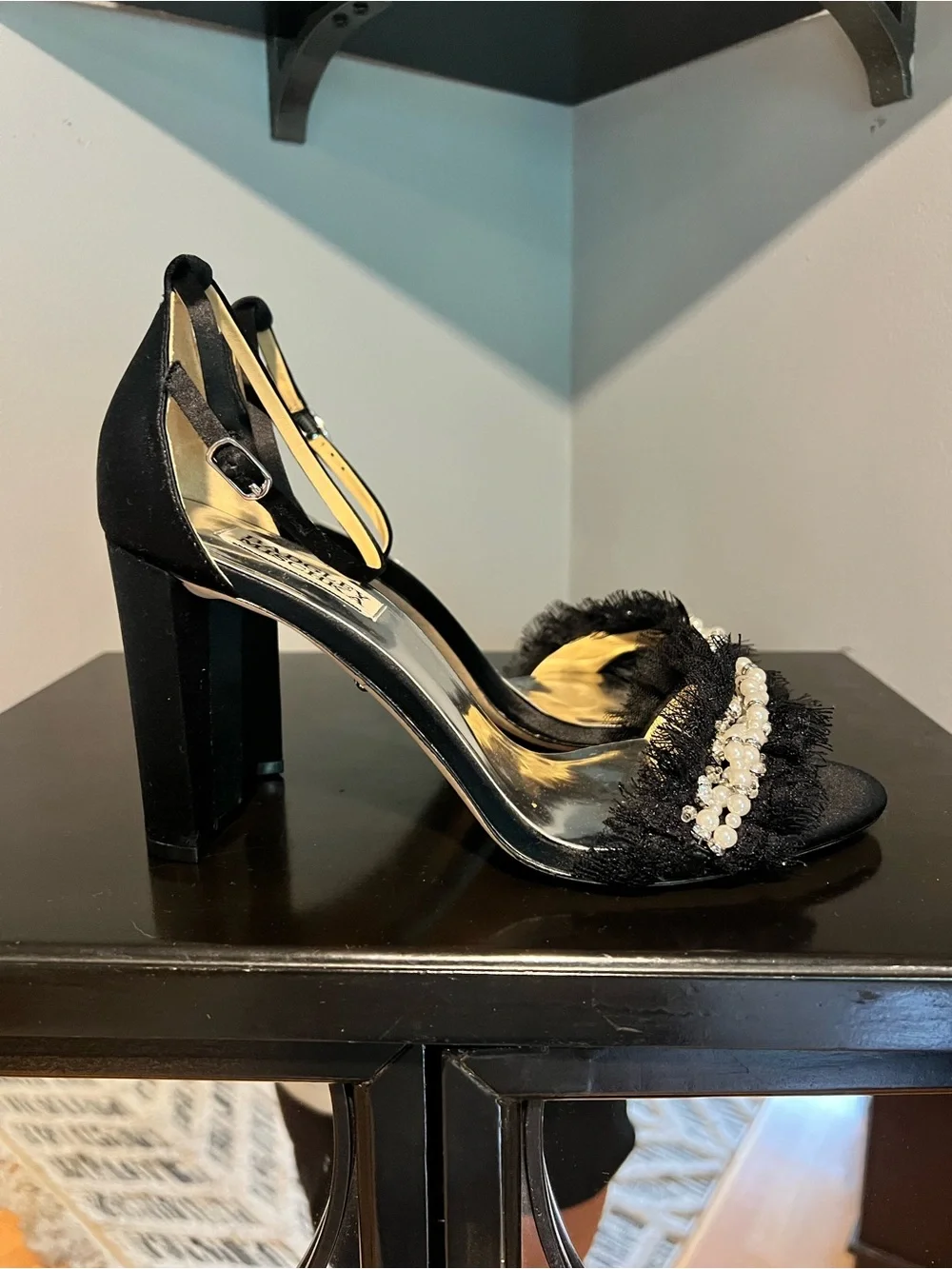 Badgley Mischka Fleur Pearl-Trim Fringe Sandals